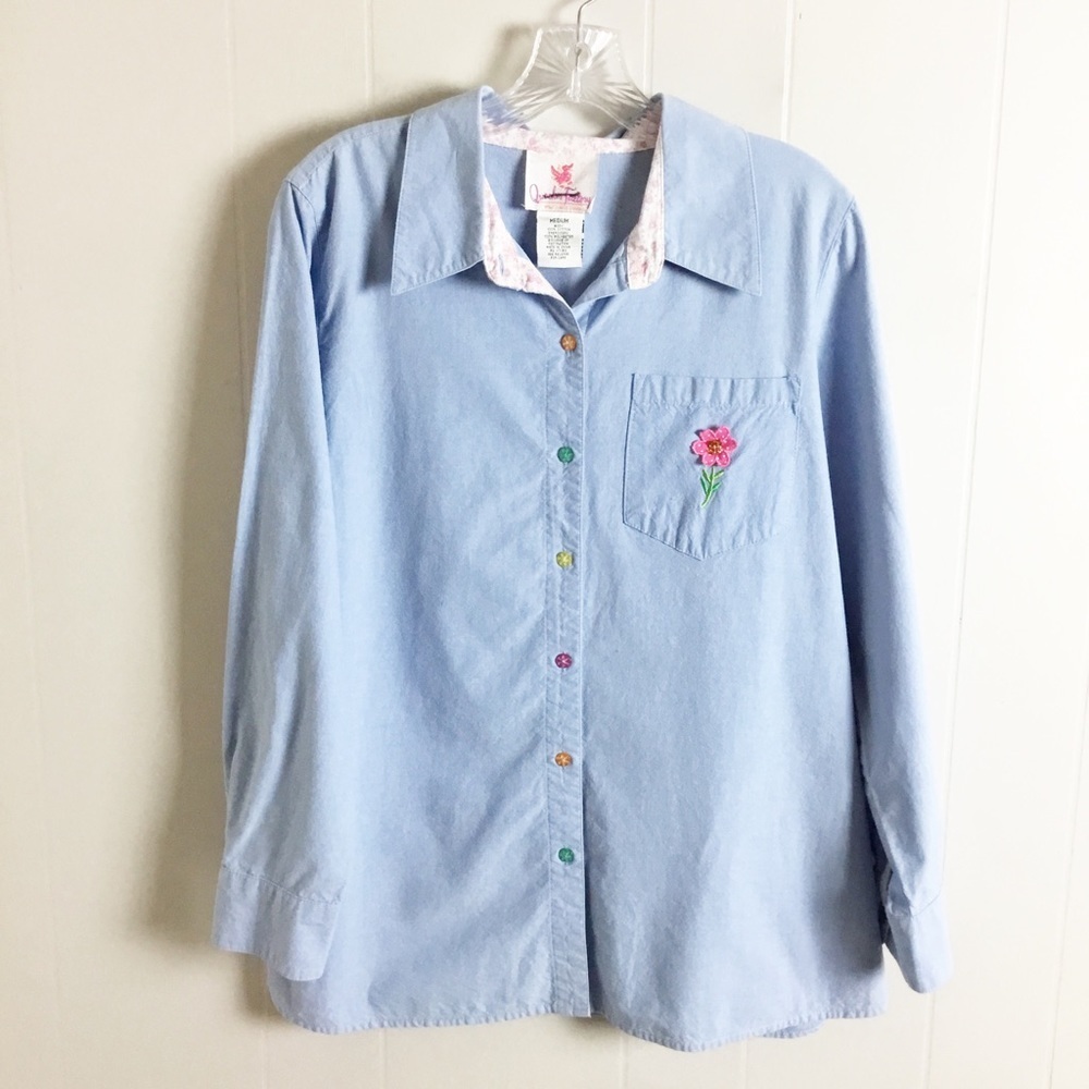 Vintage Quacker Factory Button Down LightBlue Denim Floral Pocket Shirt Size M